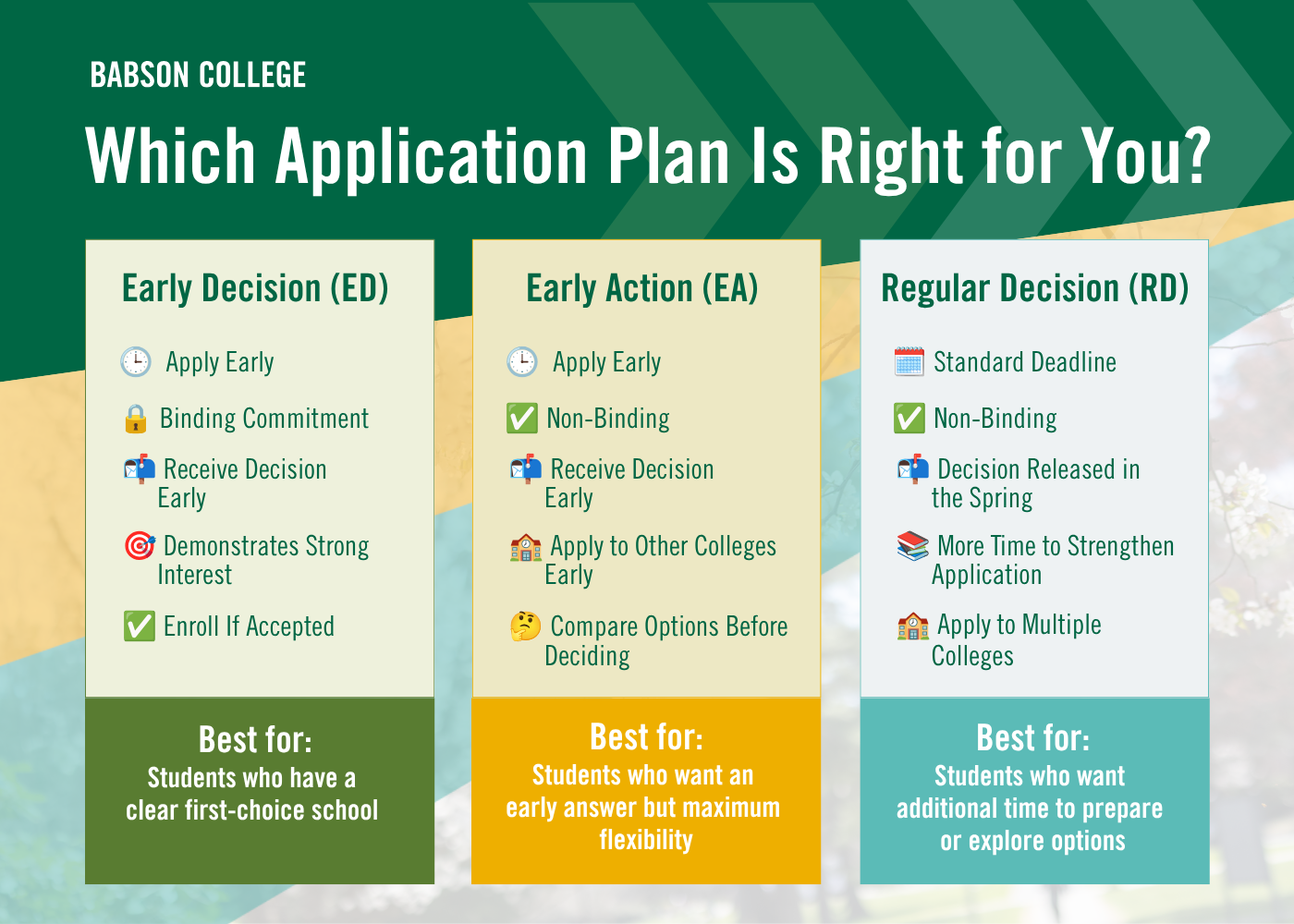 Infographic comparing the differences between early action vs early decision vs regular decision including timing and requirements for Babson College.