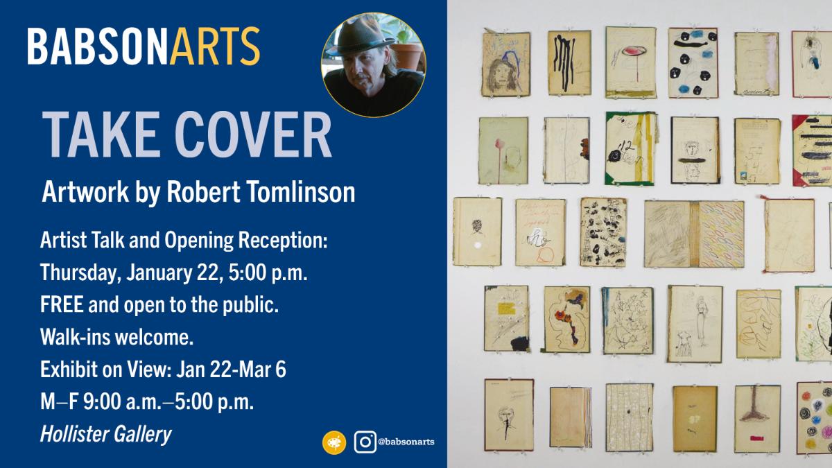 Take Cover Robert Tomlinson Art Show a graphic advertising an art exhibit called TAKE COVER by artist Robert Tomlinson
