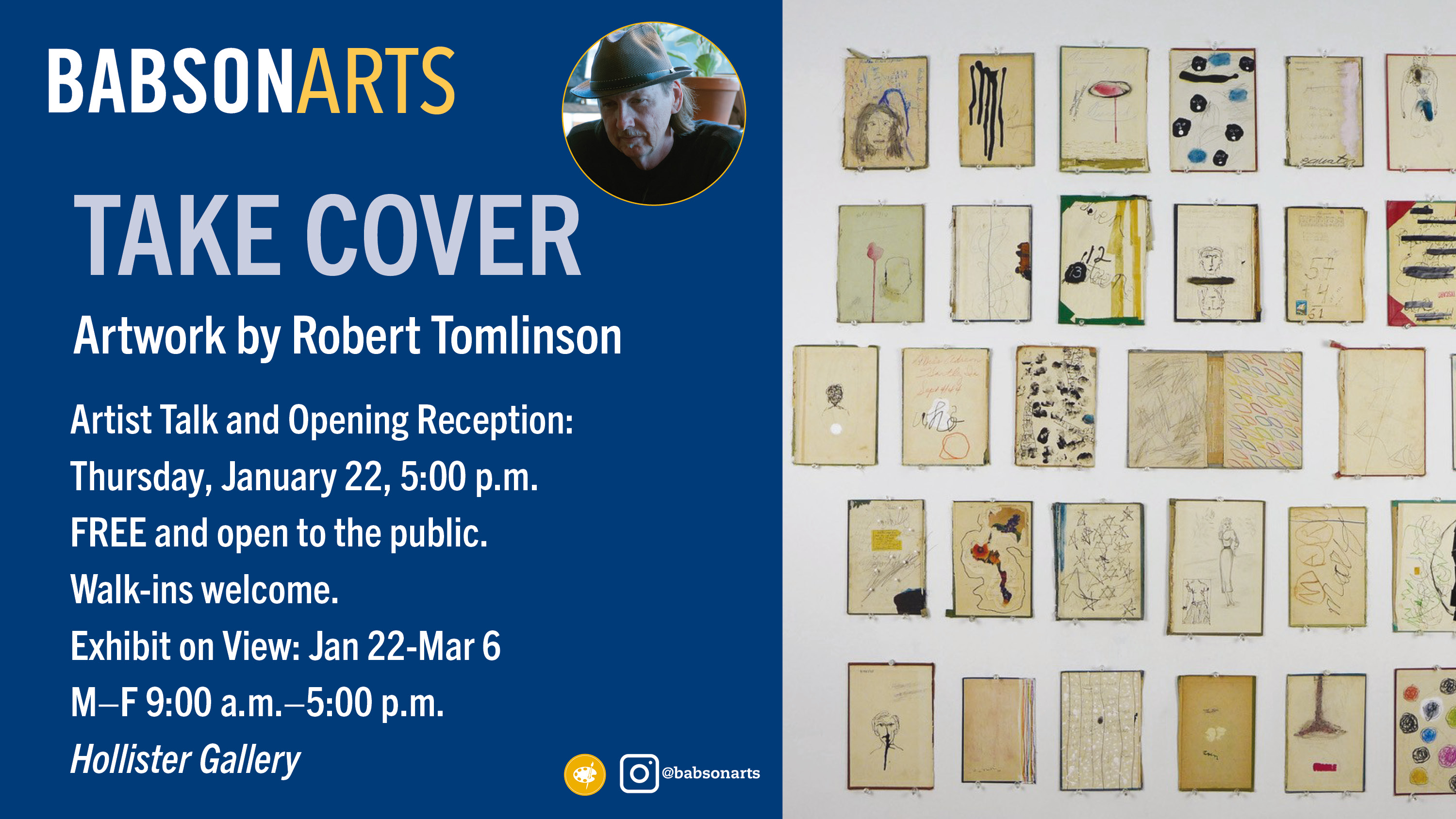 Take Cover Robert Tomlinson Art Show a graphic advertising an art exhibit called TAKE COVER by artist Robert Tomlinson