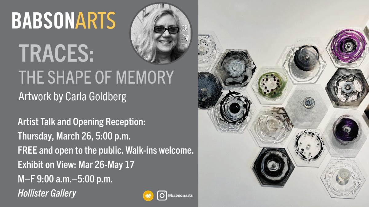 Traces Exhibit Graphic - Carla Goldberg a poster advertising the exhibit of Carla Goldberg with her headshot and a sample of her work