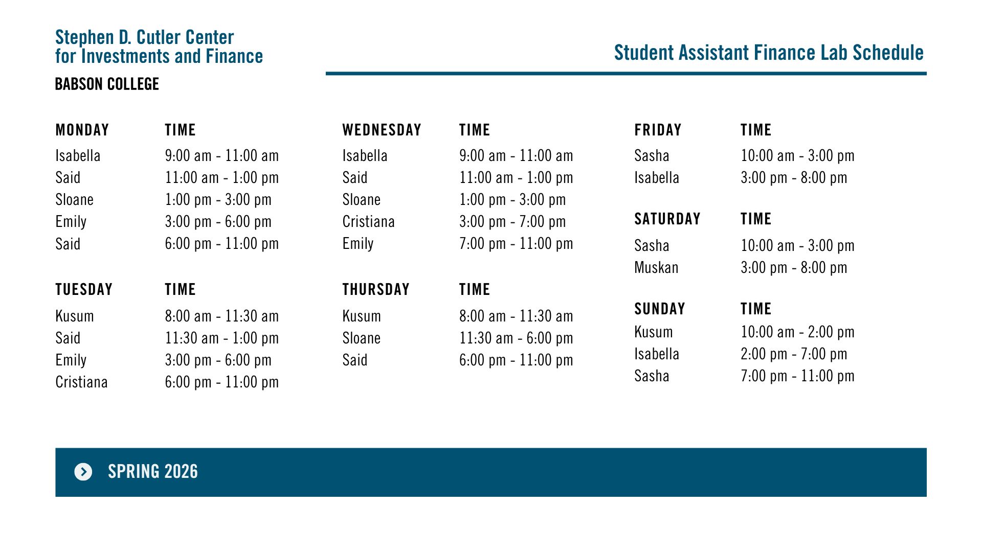 Student Assistant Schedule