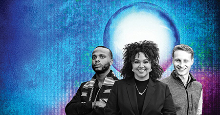 A header image with three student headshots